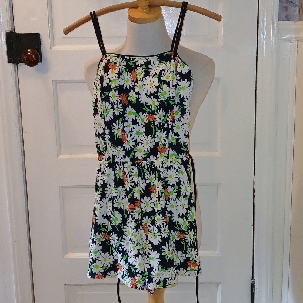 Vintage Black Daisy Print Women Swim One Piece